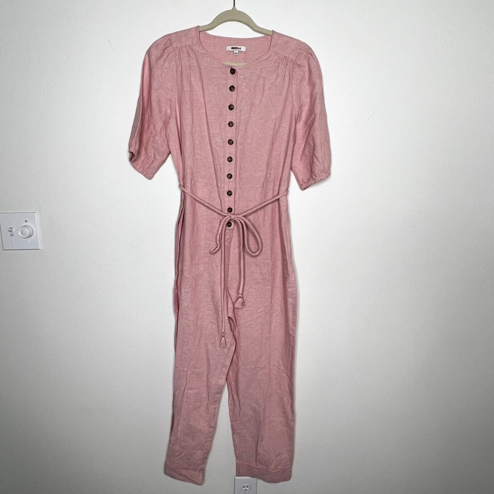 Madewell Linen Blend Puff Sleeve Tassel Tie Jumpsuit Pink Women’s M